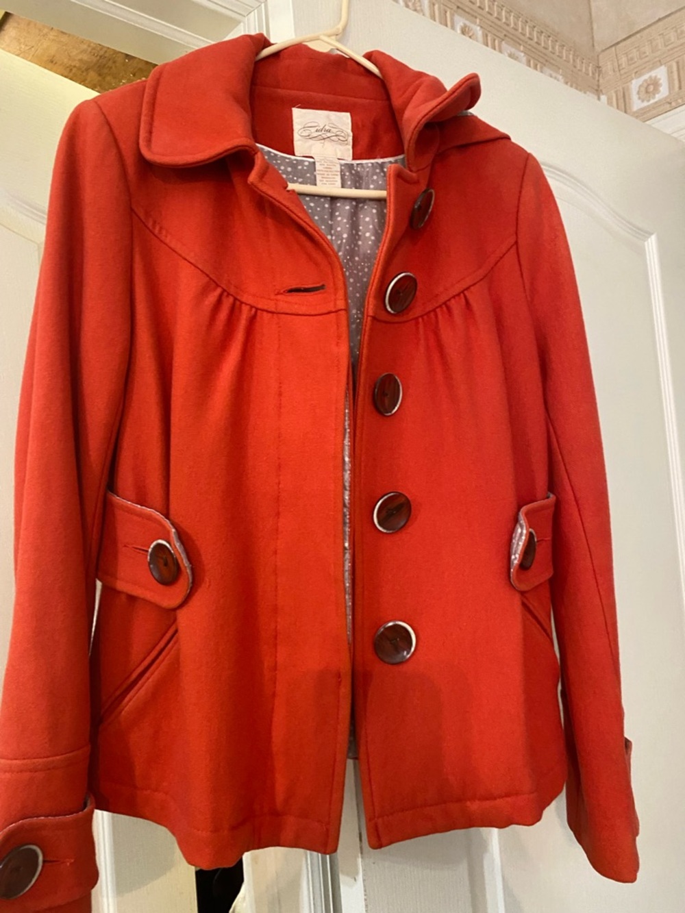 Wool-Blend Red Women's Button Front Coat - Picture 2 of 4